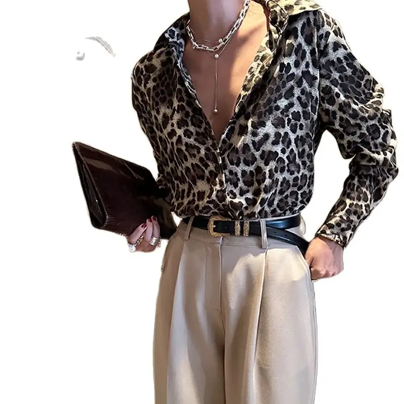 Elegant Lady Blouse Leopard Printing Long Sleeves Deep V-neck Korean Fashion Women Blouse Long Sleeves Loose Design 2023 summer new fashion glock perfect shooting printing men s round neck and short sleeves sweatpants eight color suit