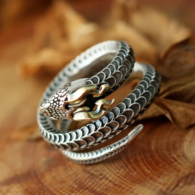 Buyee 925 Sterling Silver Male Big Ring Elegant Horned snake Open Ring Finger for Man Woman Unique Rock Punk Fine Jewelry Circle