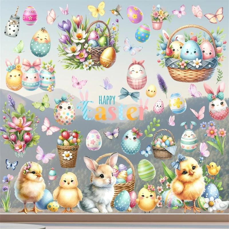 Wall Stickers Window Stickers 1Set Happy Easter Window Stickers Cute Cartoon Rabbit Easter Eggs Flowers Glass Sticker Decoration Spring Wall Decal