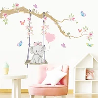 Cartoon Cute Swinging Elephant Butterfly Branch Watercolor Nursery Sticker Wall Decals Art Print Kids Boys Room Home Decor