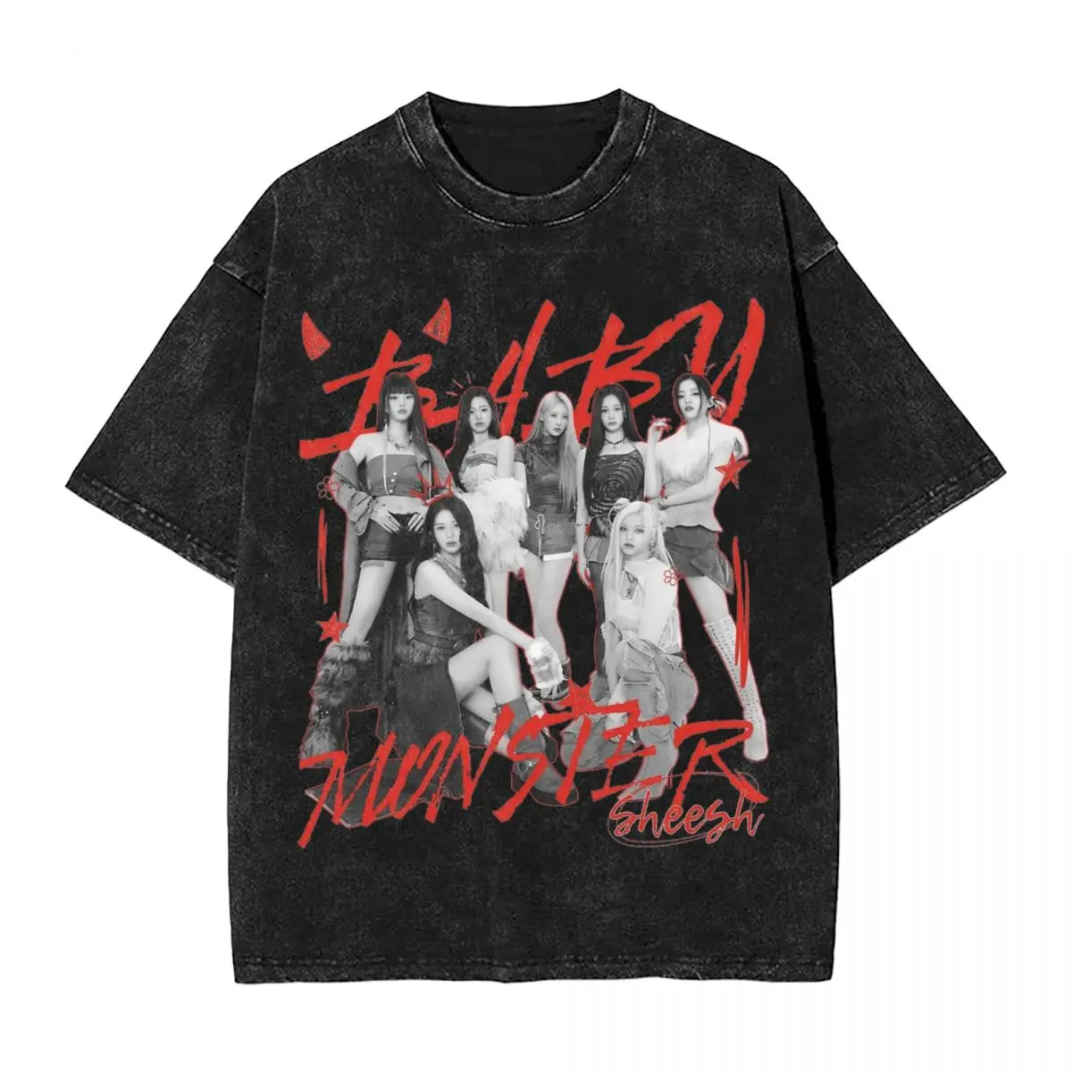 Washed T Shirts Babymonster Sheesh Kpop Hip Hop Novelty T-Shirt