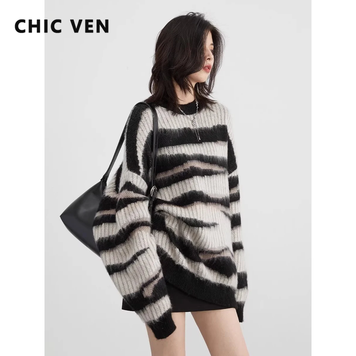 Chic Ven Women Maglioni Spessi Manica Lunga Pit Stripe Maglioni Irregolari Pullover A Maglia Pigri Top Femminile Autunno Primavera 2023