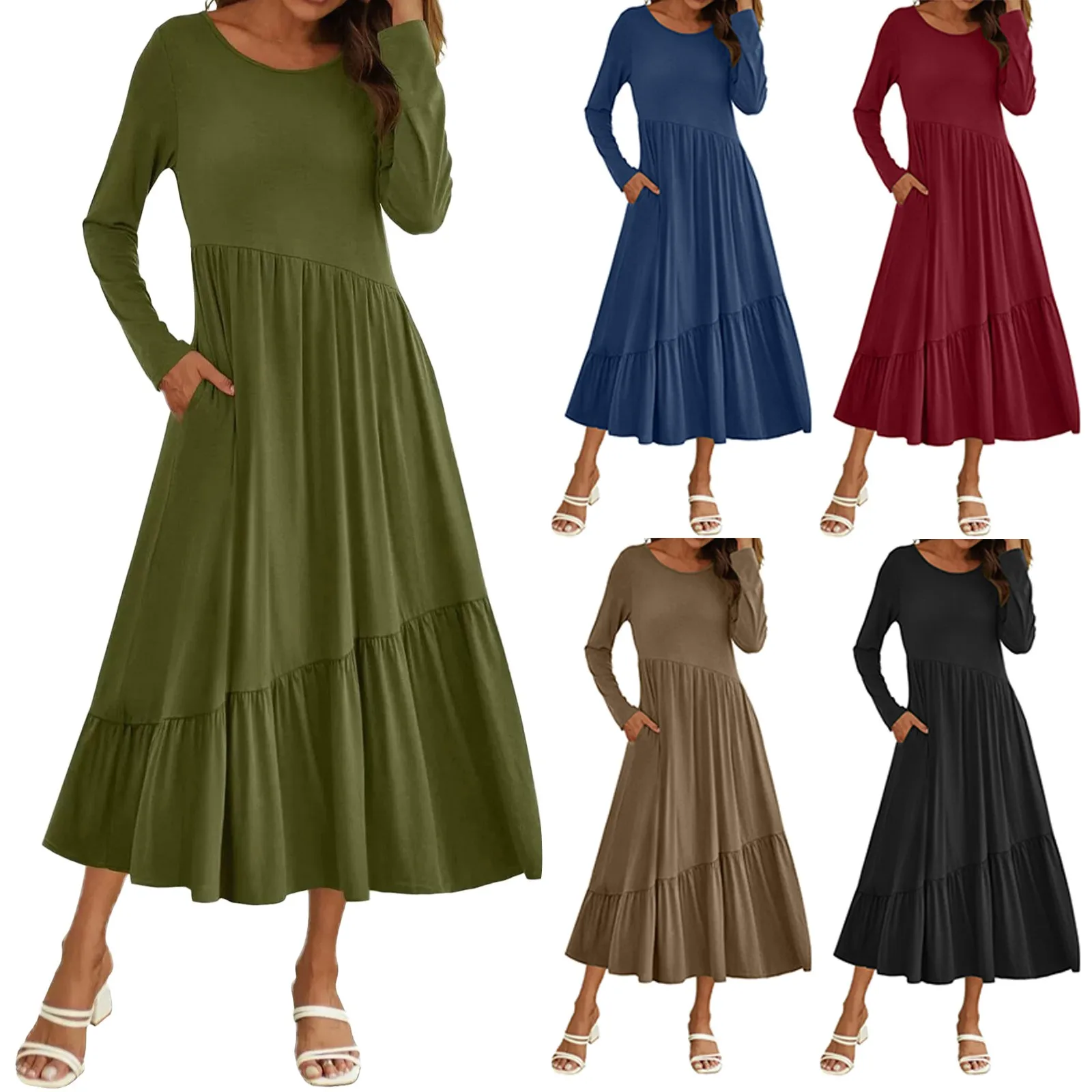 

Prelude Dress Women's Big Size Long Sleeve Dress Loose Plain Casual Summer Flowing With Pockets Layered Long Dress for Juniors