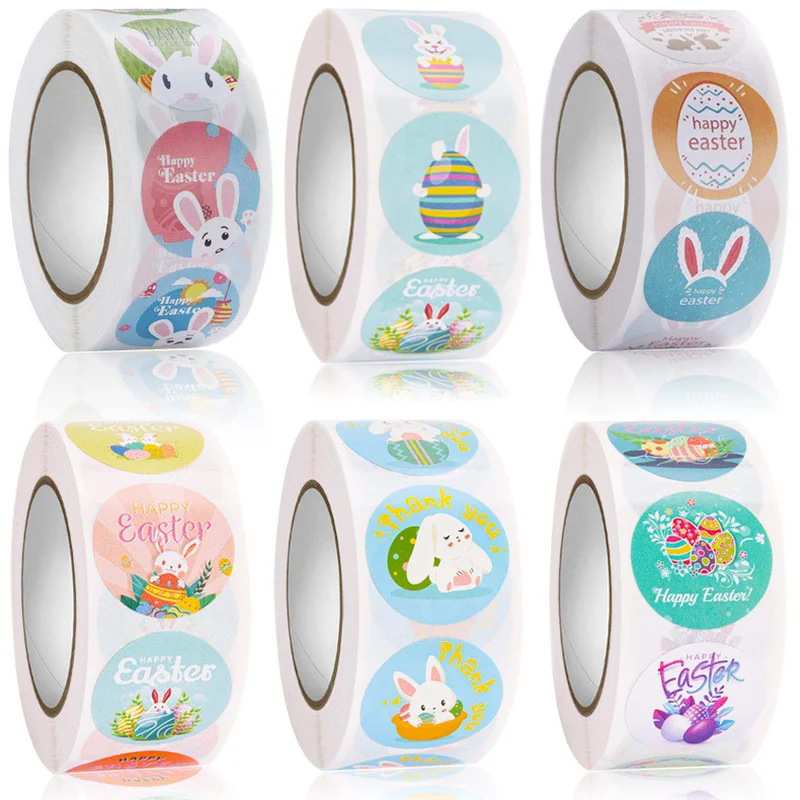 100-500pcs Happy Easter Stickers Cute Cartoon Bunny Rabbit Seal Label Sticker for Gift Packging Decor 2.5cm Bag Box Decor Tags