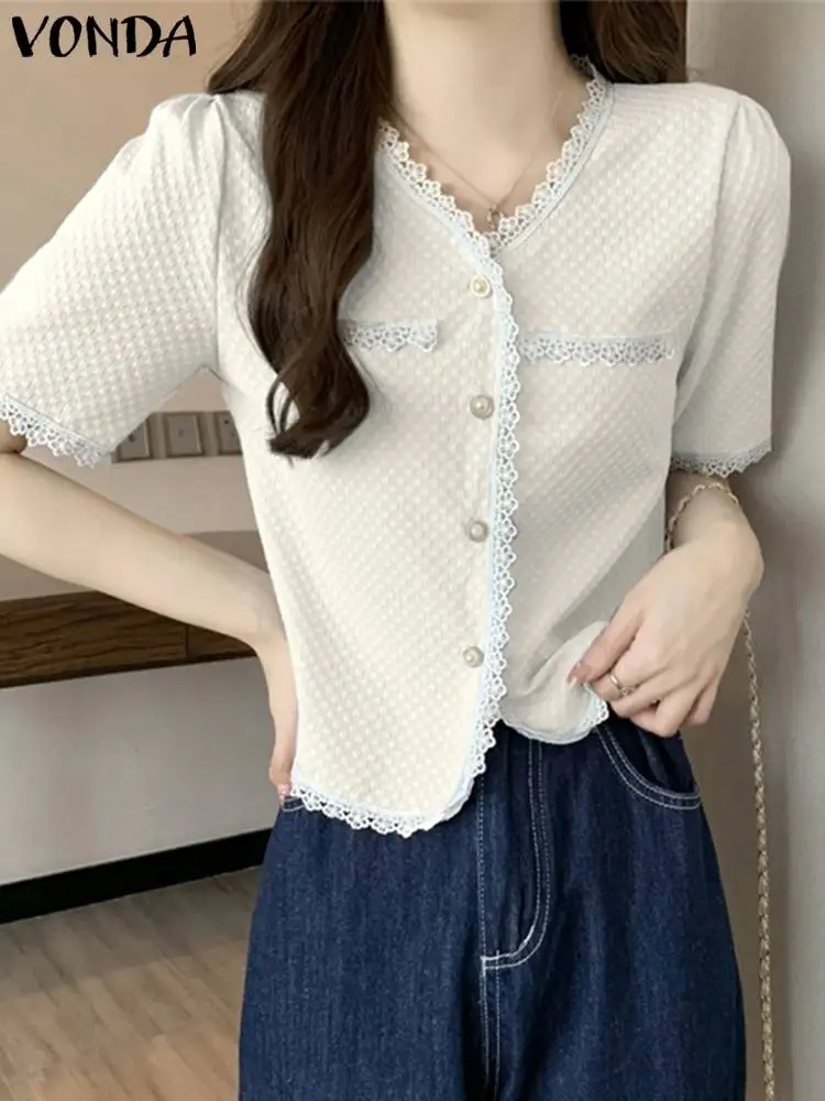 

2023 VONDA Elegant Summer Shirts Women Short Sleeve Tunic Tops Fashion Solid Lace Blouses V-Neck Buttons Office Blusas Femininas