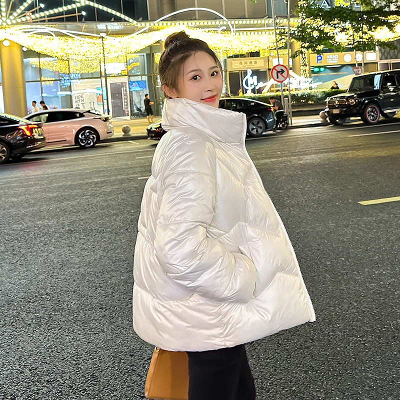 Down Cotton Jacket Women Solid Colors Stand Collar Casual Parkas Loose Zipper Long Sleeve Glossy Coat Windproof Warm Overcoat