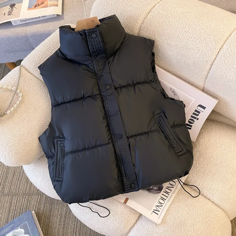 Petite Autumn Winter Down Cotton-Padded Vest Women's 2024 New Style Plus Size Cotton Clip PU Jacket Trendy Wash-Free - Image 2