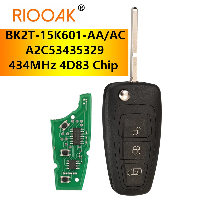 

A2C53435329 BK2T-15K601-AA/AC 3 Buttons 434MHz ASK 4D83 Chip Car Key Remote Flip Key Fob Aftermarket for Ford Tourneo Transit