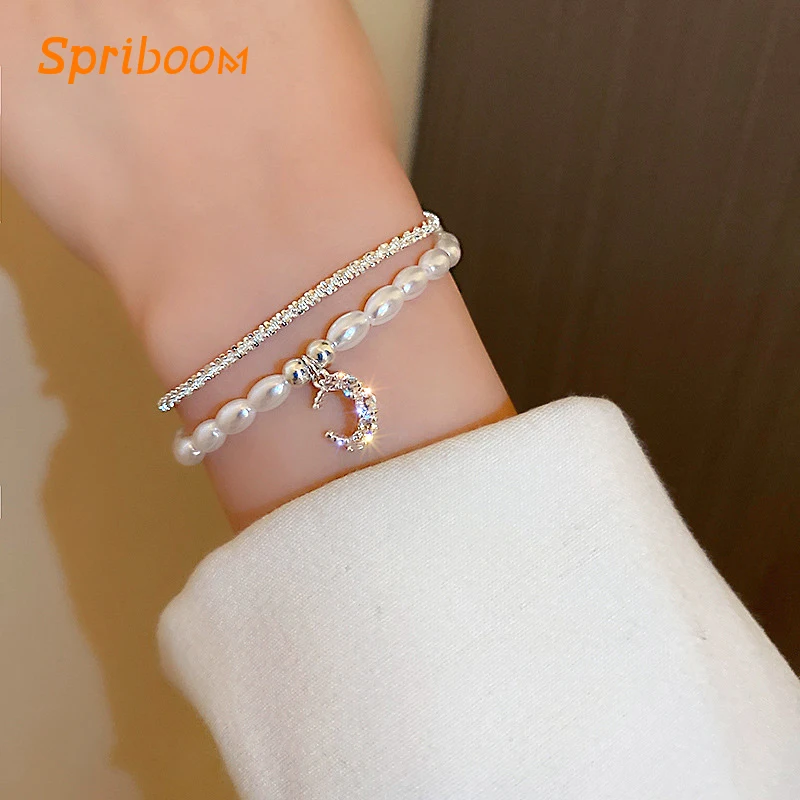 Shiny Silver Moon Zircon Bracelets for Women Natural Freshwater Pearl Bracelet 2 Layers Korea Wedding Luxury Bangle Jewelry Gift |