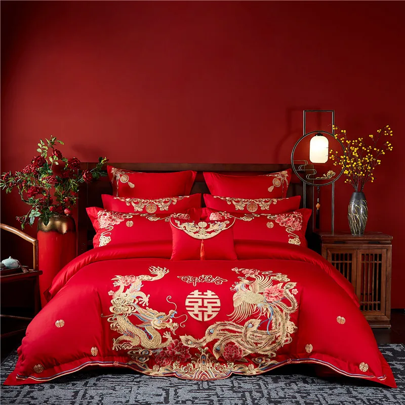 Loong Phoenix Floral Embroidery Bedding Set Chinese Style Luxury Red 100cotton Solid Color