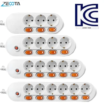 전원 스트립 서지 보호 EU 플러그 3/5/6 웨이 콘센트 16A 전기 확장 소켓 독립 제어 스위치 1.5/2m 코드