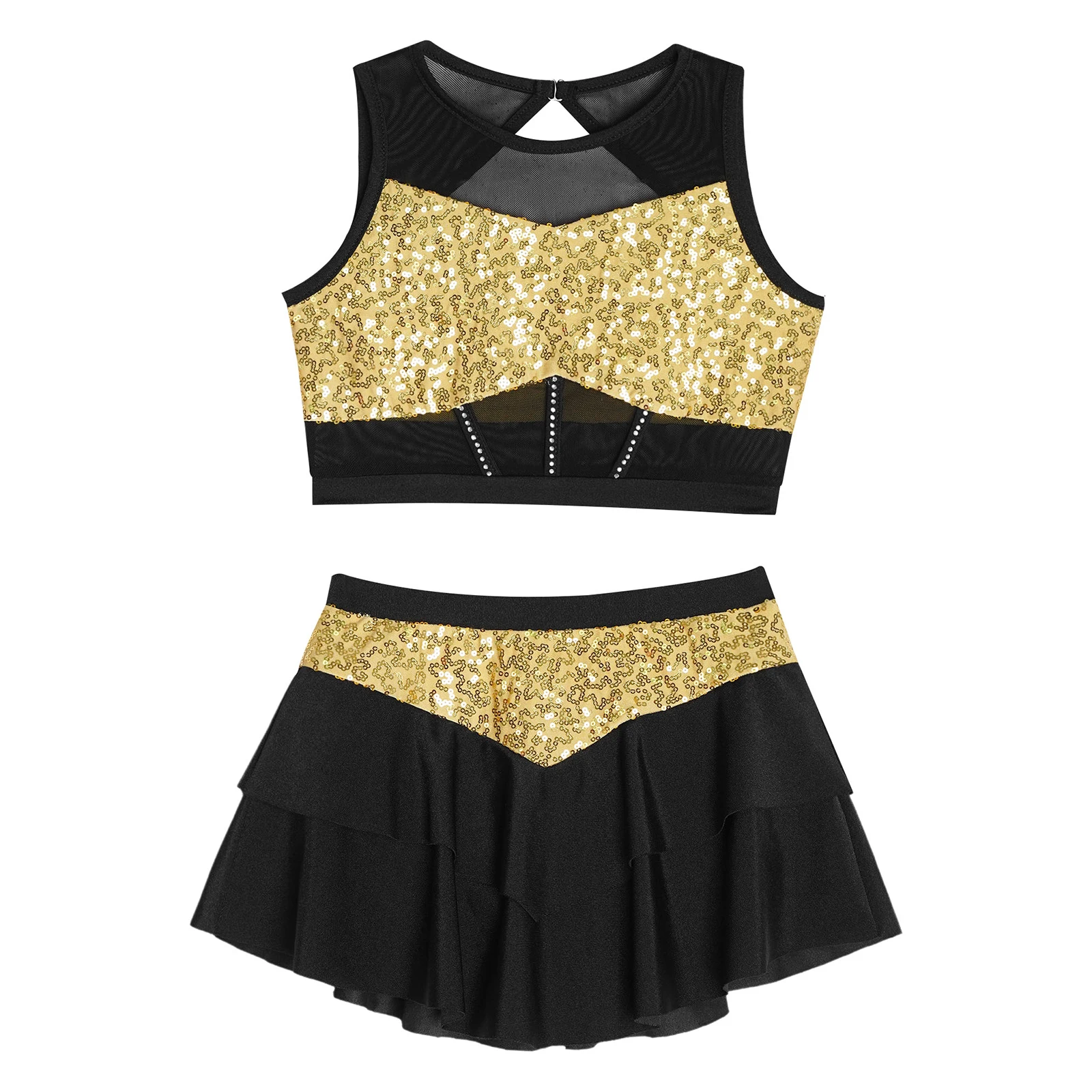 Kinder Mädchen Glänzende Pailletten Cheerleading-Uniform Cheerleader Ballett Jazz Tanz Performance-Kostüm Crop-Top mit Stufenrock für – Detail 28