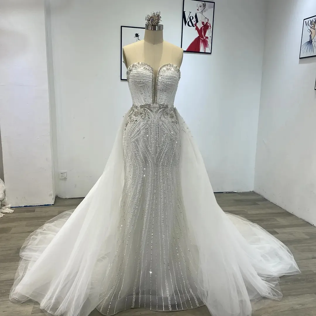 

Exquisite Long Beaded Tulle Wedding Dresses With Detachable Train Mermaid Ivory Sweeetheart Sweep Train Bridal Gowns for Women
