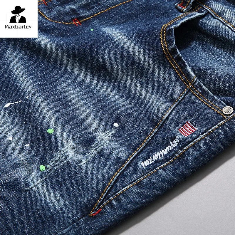 2024 Spring New Arrival Men's Jeans Fashion Retro Blue Hole Harem Pants Casual All-Match Stretch Slim-Fit Pants Brand Clothing