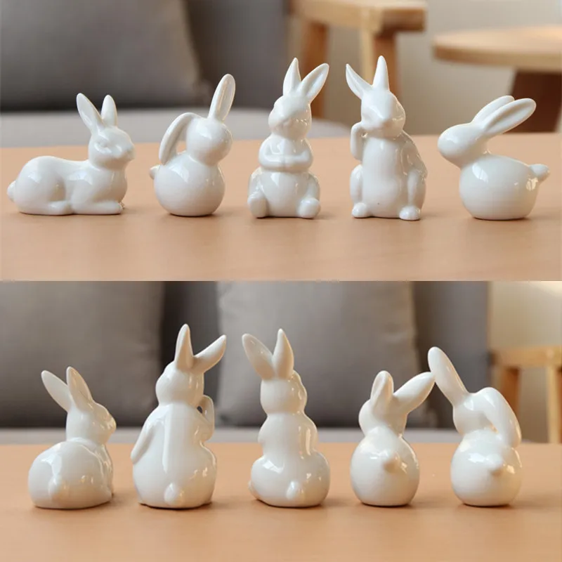 

5pcs Ceramic Cute Pure White Rabbit Figurines Easter Miniatures Bunny Modern Statue Furnishings Home Decoration