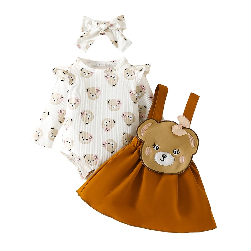 Newborn Baby Girl Clothes 0-18 Months Printed Long Sleeve Bodysuit Tops Embroidered Bear Sling Dress 3Pcs Set Baby Set