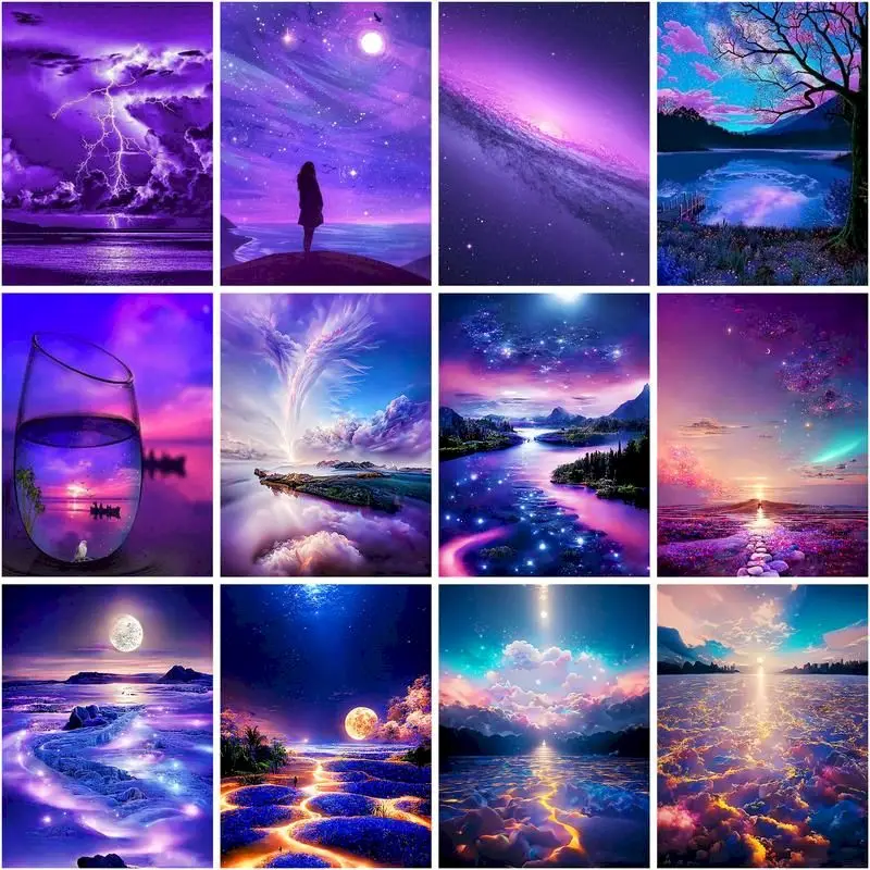 

CHENISTORY Oil Painting By Number Purple Lake View Drawing On Canvas Handpainted Art Gift Coloring By Number Kits Home Decor