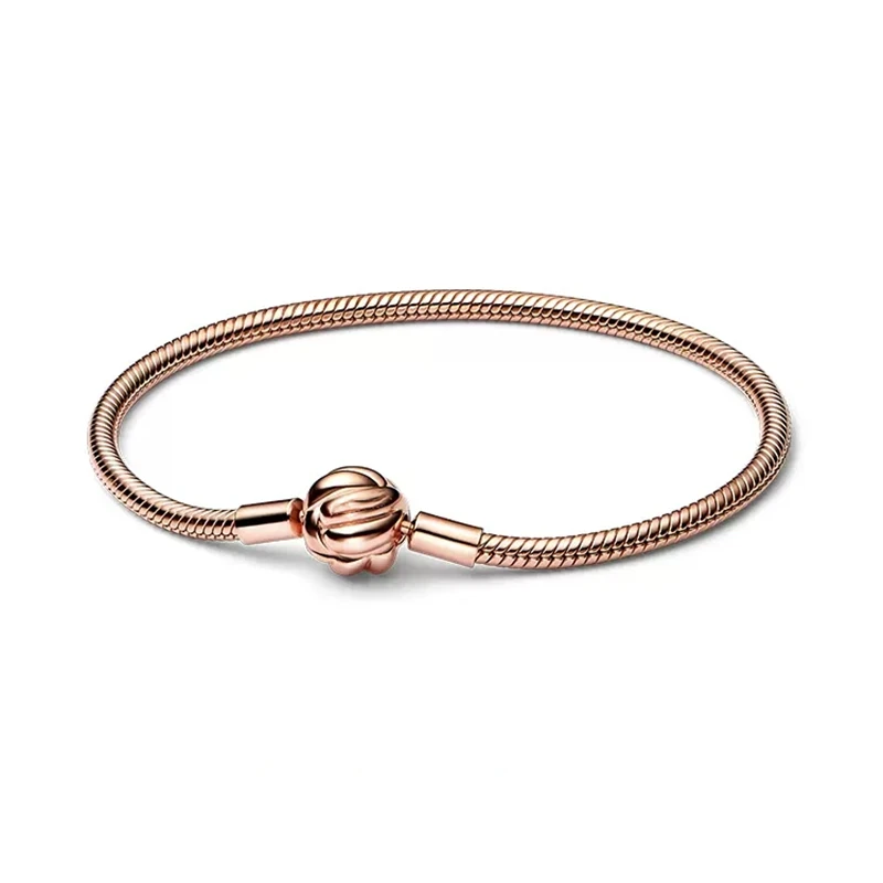 

925 Sterling Silver Snake chain Rose Gold-plated Bracelet With Love Knot Clasp Bracelets For Women Fit Charm Bead DIY Free Ship