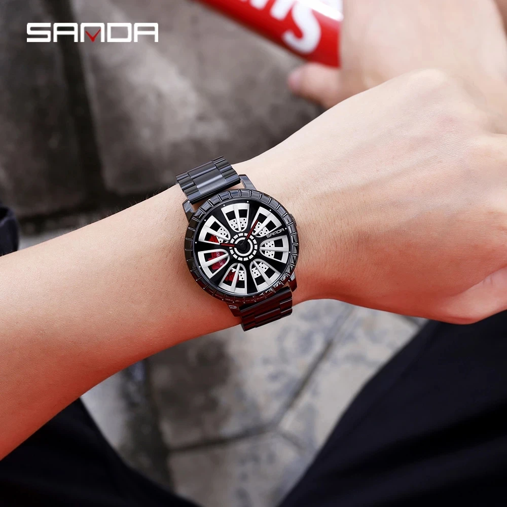 2023 New SANDA 1054 Fashion New Men Watch Unique Hollow out Wheel Dial Quartz Wristwatch Water Resistant Gifts Relogio Masculino