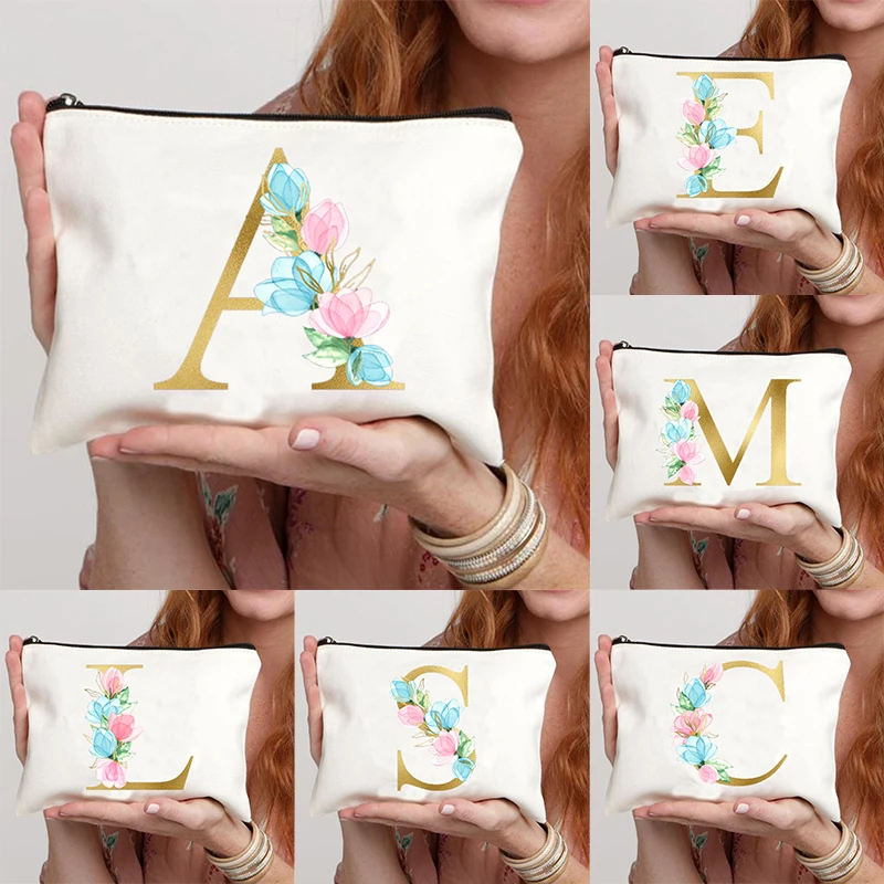 

Letter Floral Print Makeup Bag Women Canvas Zipper Cosmetic Bags and Condition Travel Toiletry Bag Essential for Women's Makeup
