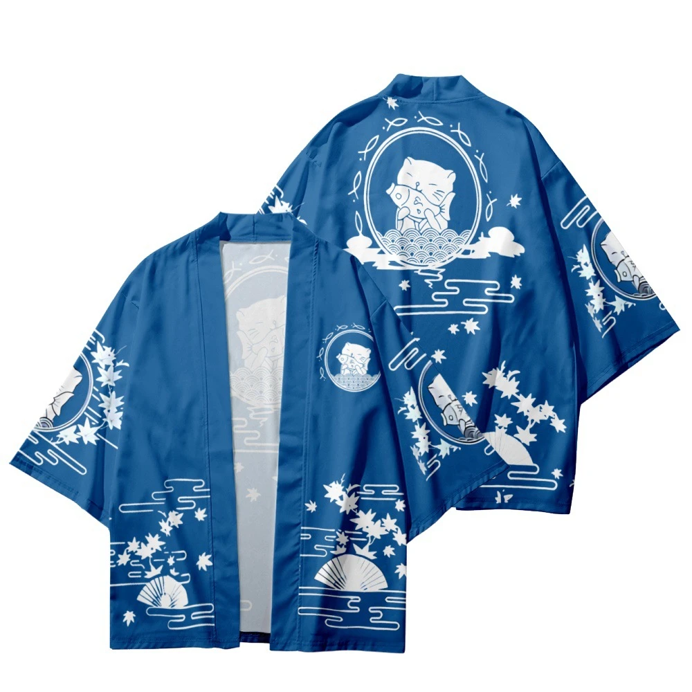 Summer Beach Casual Oversized Cardigan Blue Haori Women's Traditional Clothing Japanese Cat Printing Kimono Men Tops 5XL 6XL