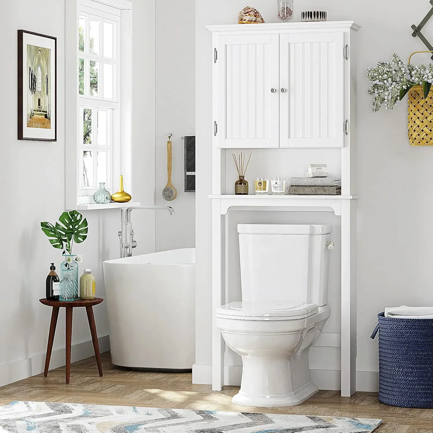 Storage Over The Toilet, Cabinet Organizer with Adjustable Shelves and Double Doors, Wood Space Saver, White 2