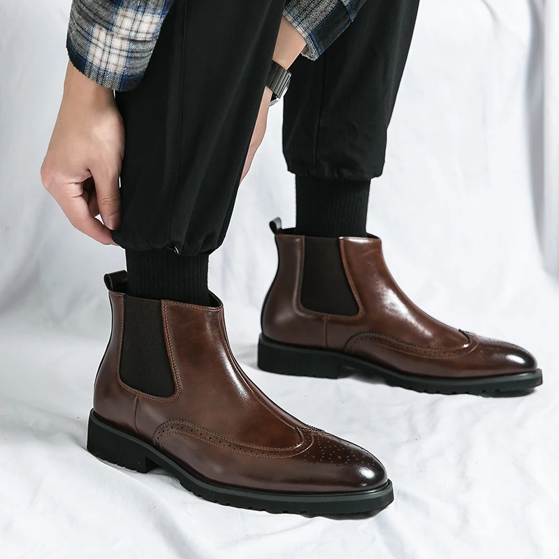 Brown Black Chelsea Ankle Formal Boots Men Business Designer Handmade Mens Short Round Toe Slip-On Shoes Boots