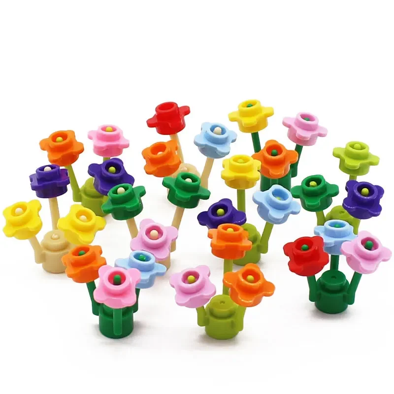 Small  Building Block 4 Petal Flowers Flower Stem Plant Landscape Flower Bed Ornament Compatible with LEGO Garden 3741  33291