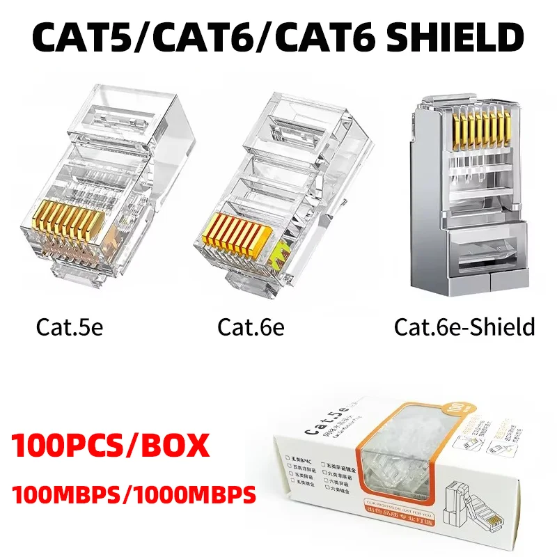 100Pcs/Box Gold-Plated Cat6 RJ45 Connector,Stable Gigabit Ethernet ...