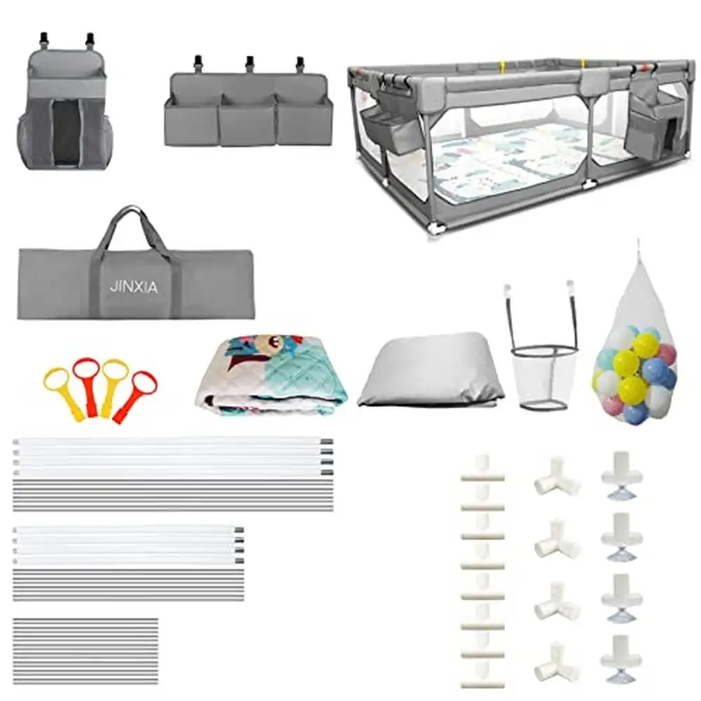 Extra Large Baby Playpen with Storage Bag & Mesh Net 75" x 59" Play Yard Toddlers  Folding Mat  Ocean Balls Anti-Fall  4