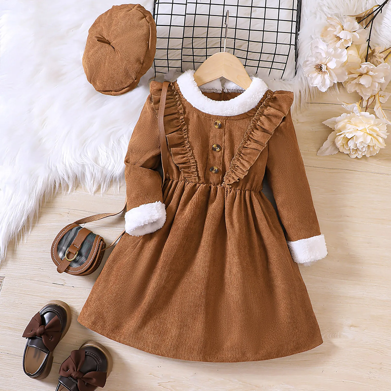 

Children Girls Long Sleeve Vestido Corduroy Flounce Dresses Clothes With Hat Suit Baby Girl Chic Dress