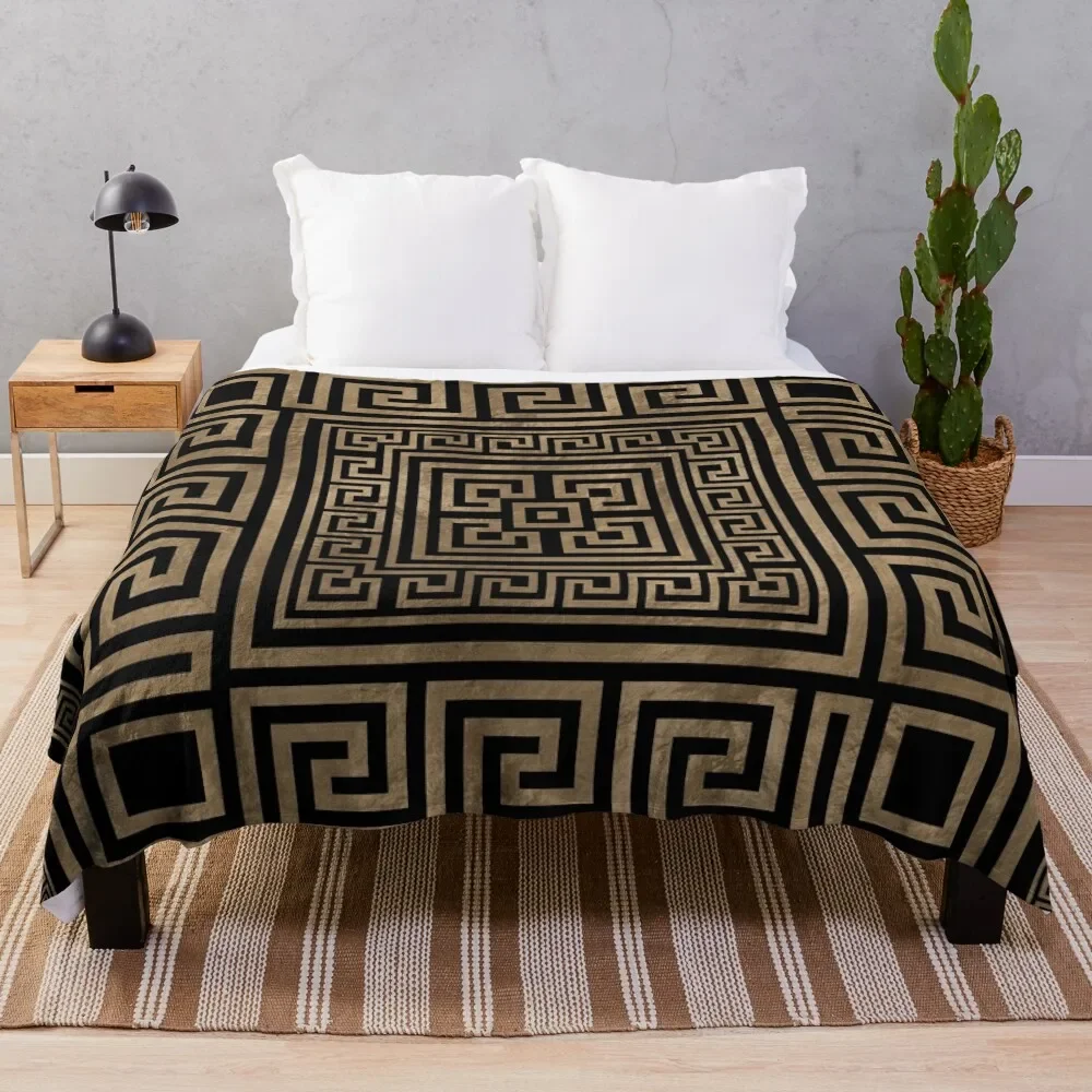 

Greek Key Ornament - Greek Meander -Gold on Black Throw Blanket Blankets For Bed Vintage Shaggy warm winter Warm Blankets