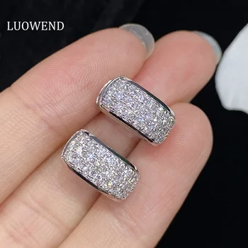 LUOWEND 18K White Gold Earrings Luxury 0.95carat Real Natural Diamond Hoop Earrings for Women Shiny INS Style Party Jewelry