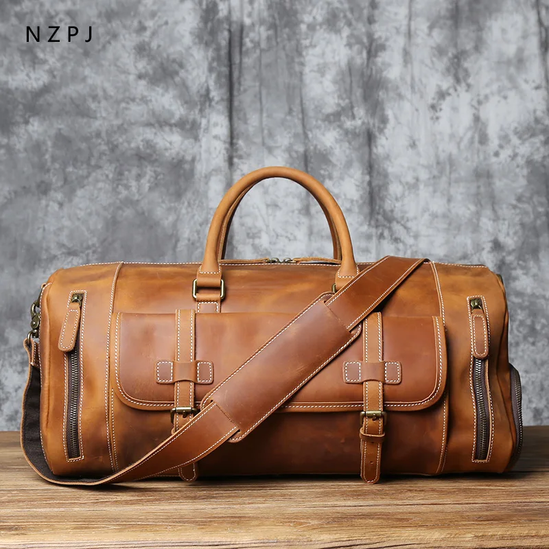 NZPJ Vintage Genuine Leather Men's Travel Bag Crazy Horse Leather Duffel Bag Large Capacity Top-Layer Cowhide Handbag Crossbody
