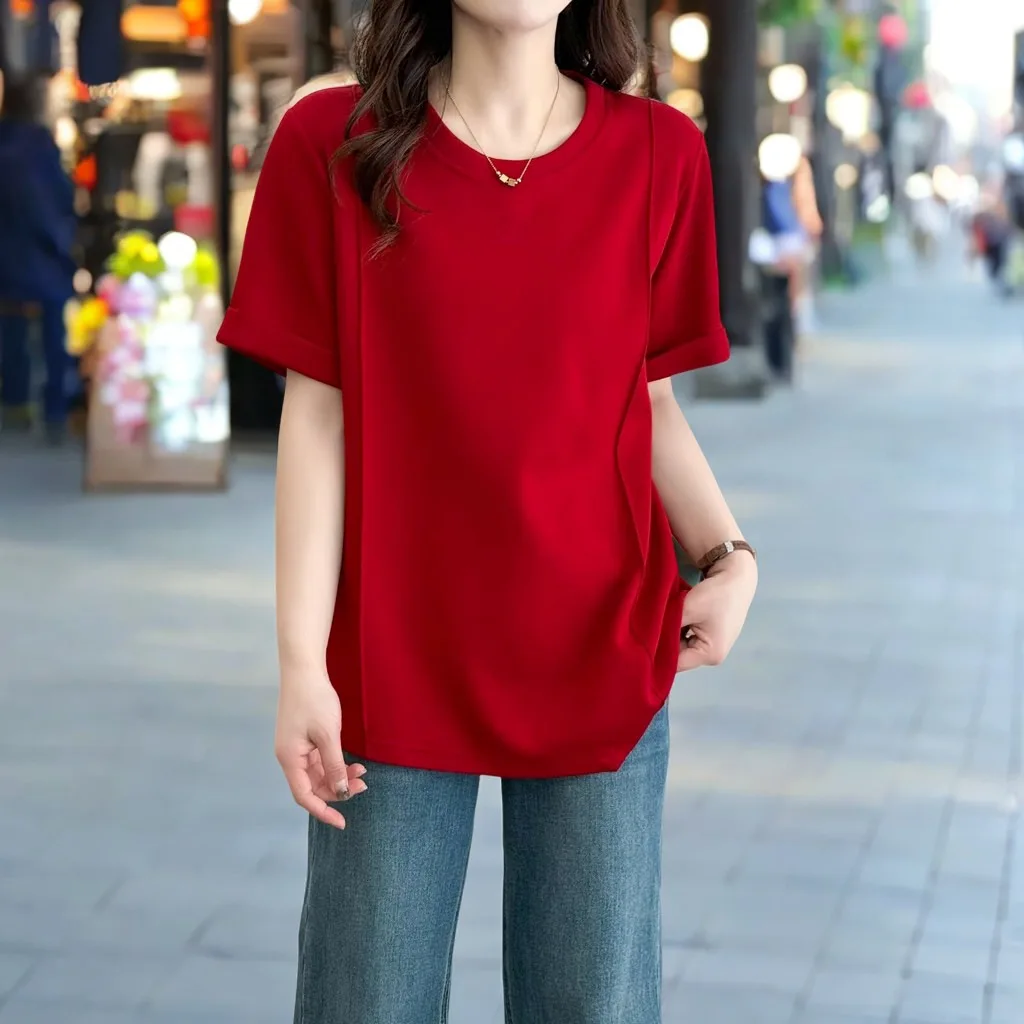 100kg Summer New Plus Size Women's Top Casual Slimming Round Neck Irregular Tees Short Sleeve Casual T-shirt 504