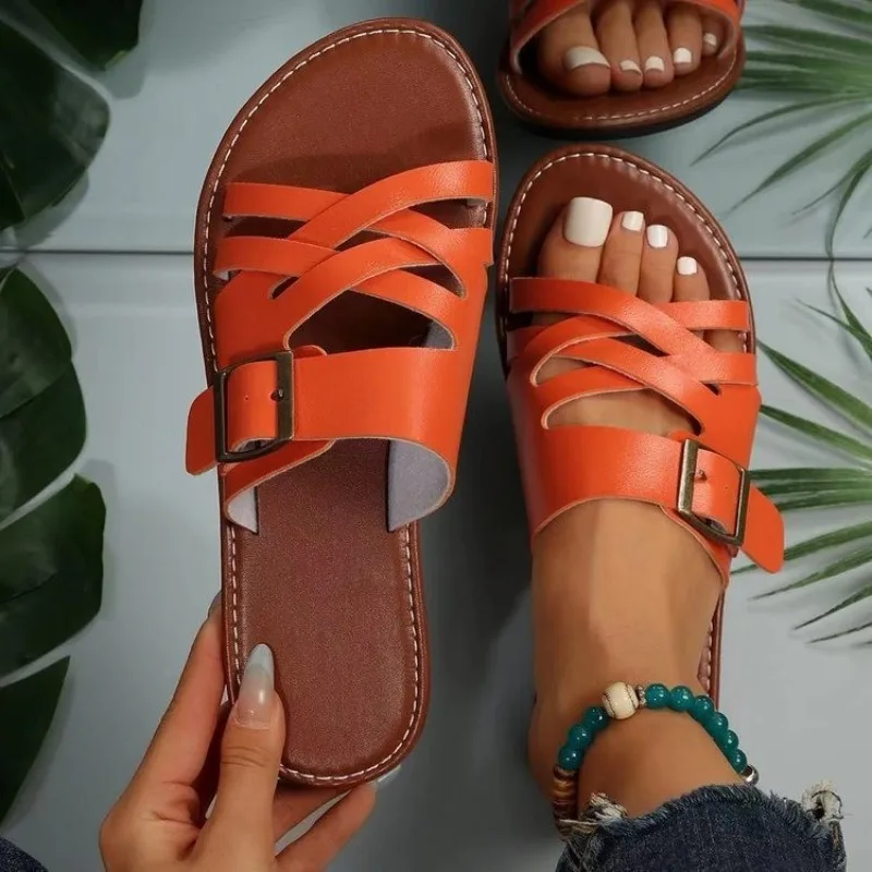 Women Fashion Casual Summer 2023 New Flat Solid Color Shoes Crisscross Ankle Strap Summer Beach Sandals