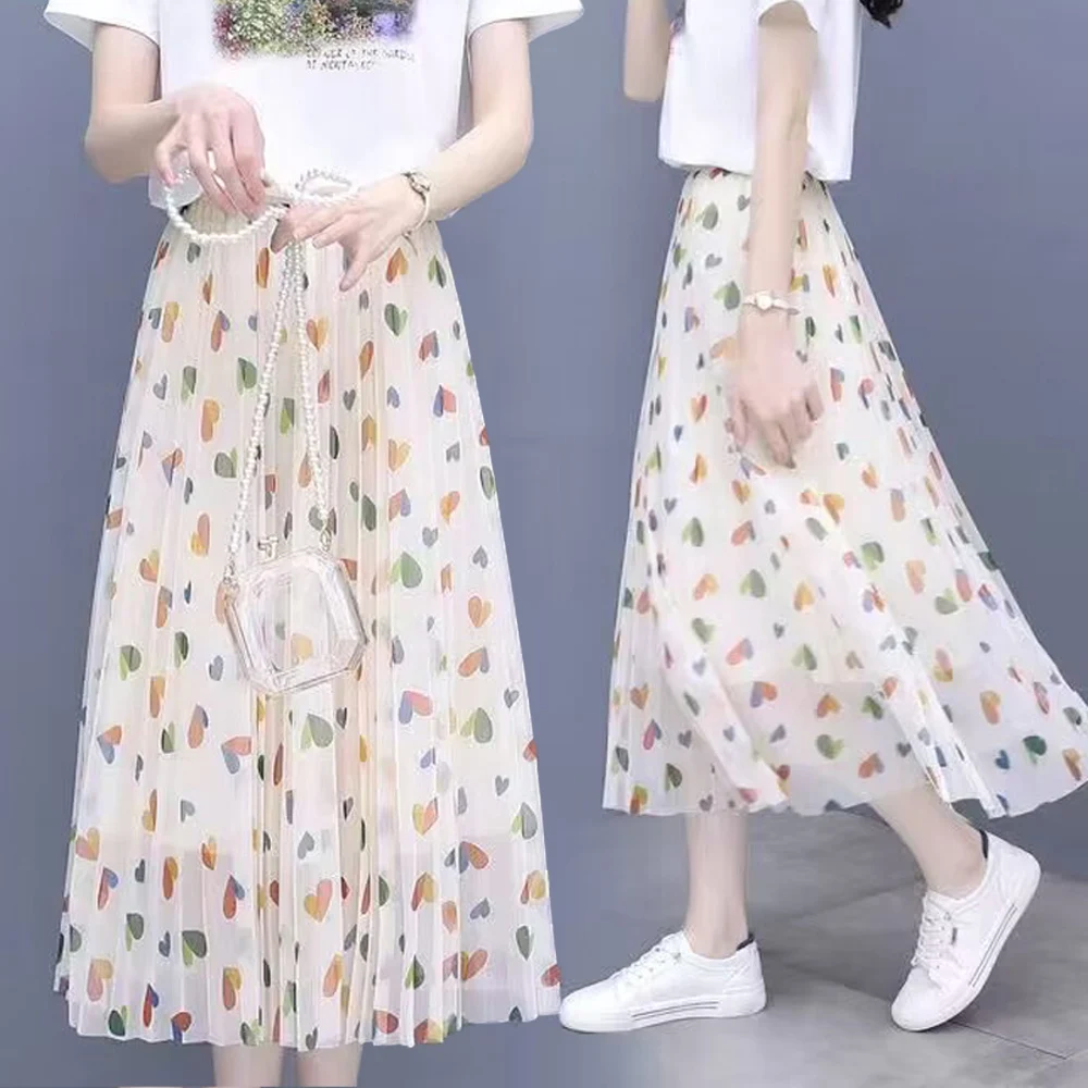 

Fashion Love Heart Mesh Skirt Mid-half Length Long Pleated Elastic High Waist Tulle Elegant Summer A-line Adult Skirt