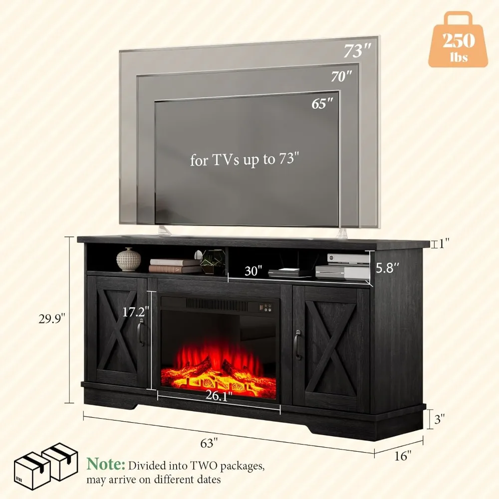 63" Farmhouse TV Stand with 26" Fireplace, for TVs up to 73", Entertainment Center with Adjustable Shelf & Barn Doors, TV Conso