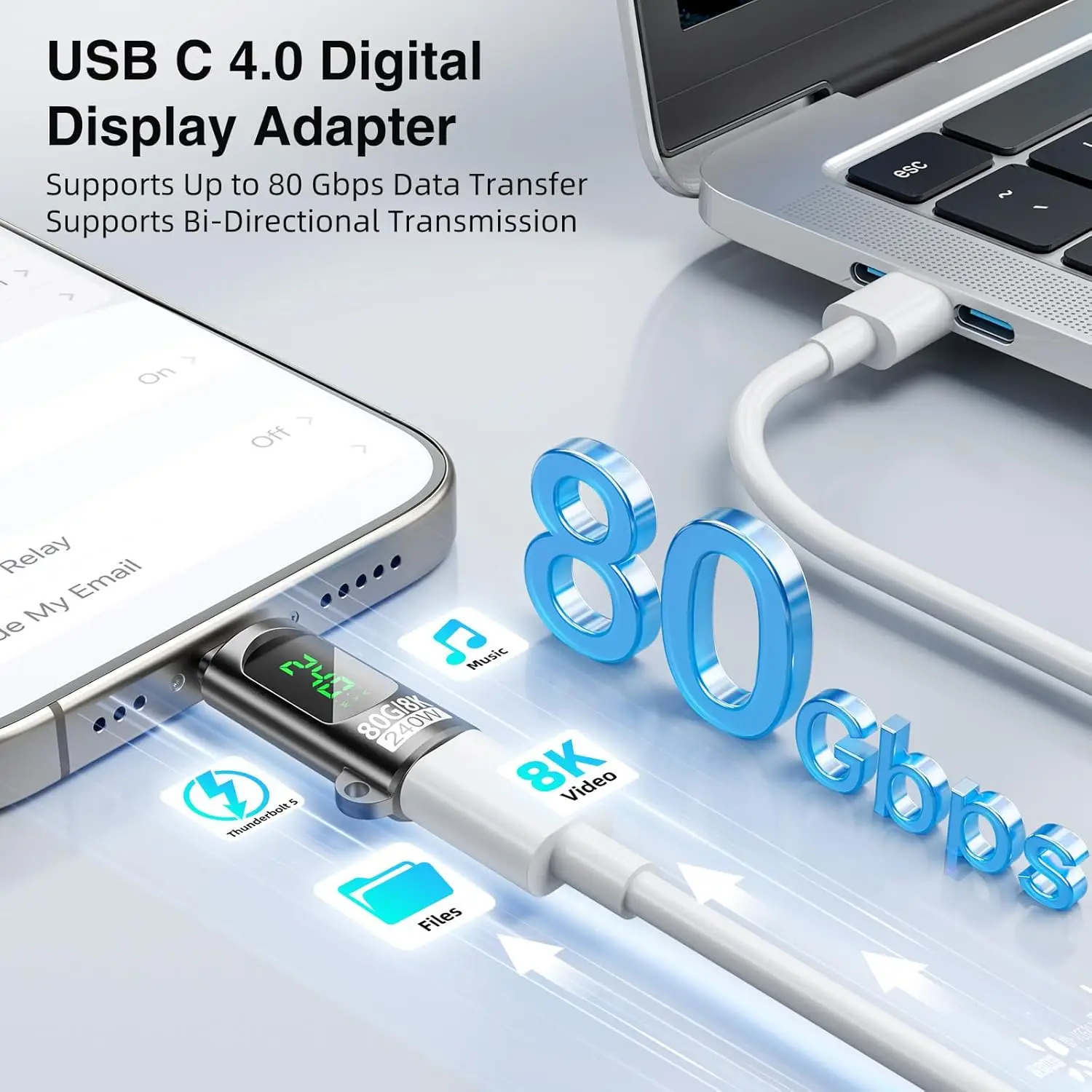 2개입 USB C-USB C(남성-여성) 어댑터 전력계 테스터 전압 전류 LED 디지털 디스플레이 80G 아이폰 맥북용