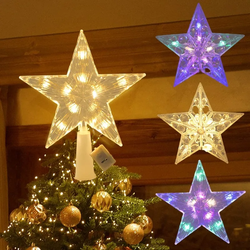 Christmas Glowing Tree Topper Five-pointed Star Transparent LED Shining Lamp Xmas Colorful TopStar Ornaments Navidad Decorations