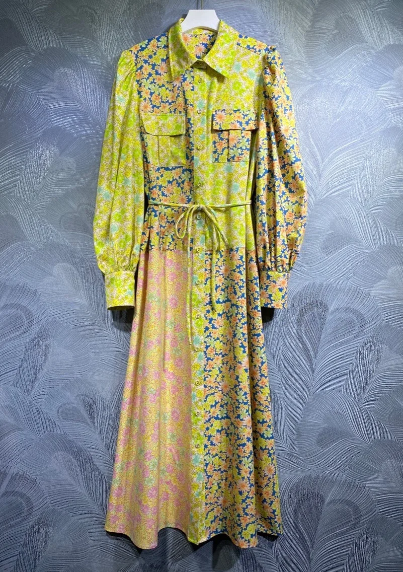 

New 2022 Autumn Long Dress High Quality Women Turn-down Collar Vintage Floral Prints Chest Pocket Belt Deco Long Maxi Dress XL