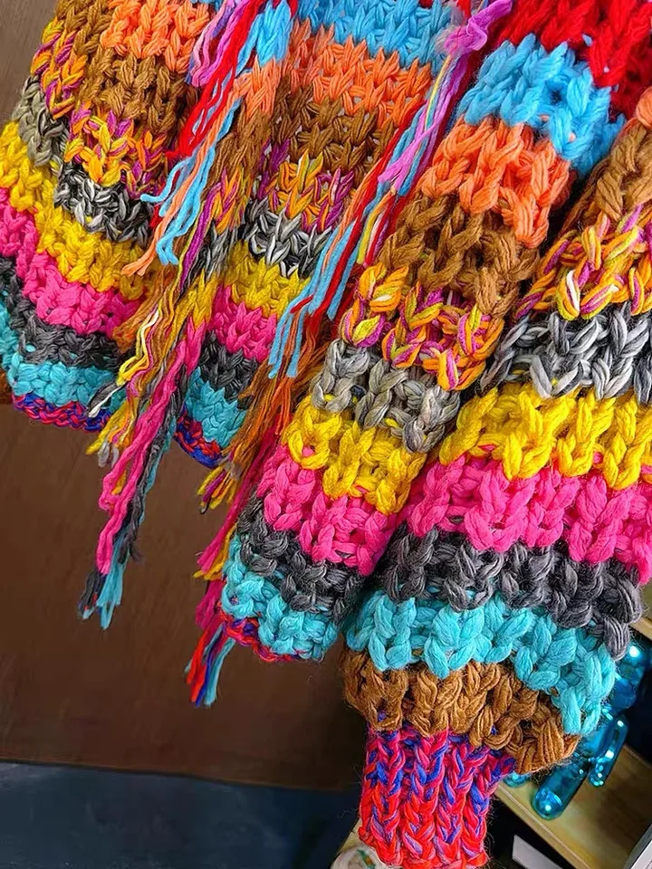 Rainbow Color Tassel Front Chunky Knit Cardigan 2025 Spring