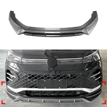 Glossy black or carbon fibre look front bumper lip diffuser spoiler, designed for Volkswagen Tiguan R Line models from 2024 to 2025.