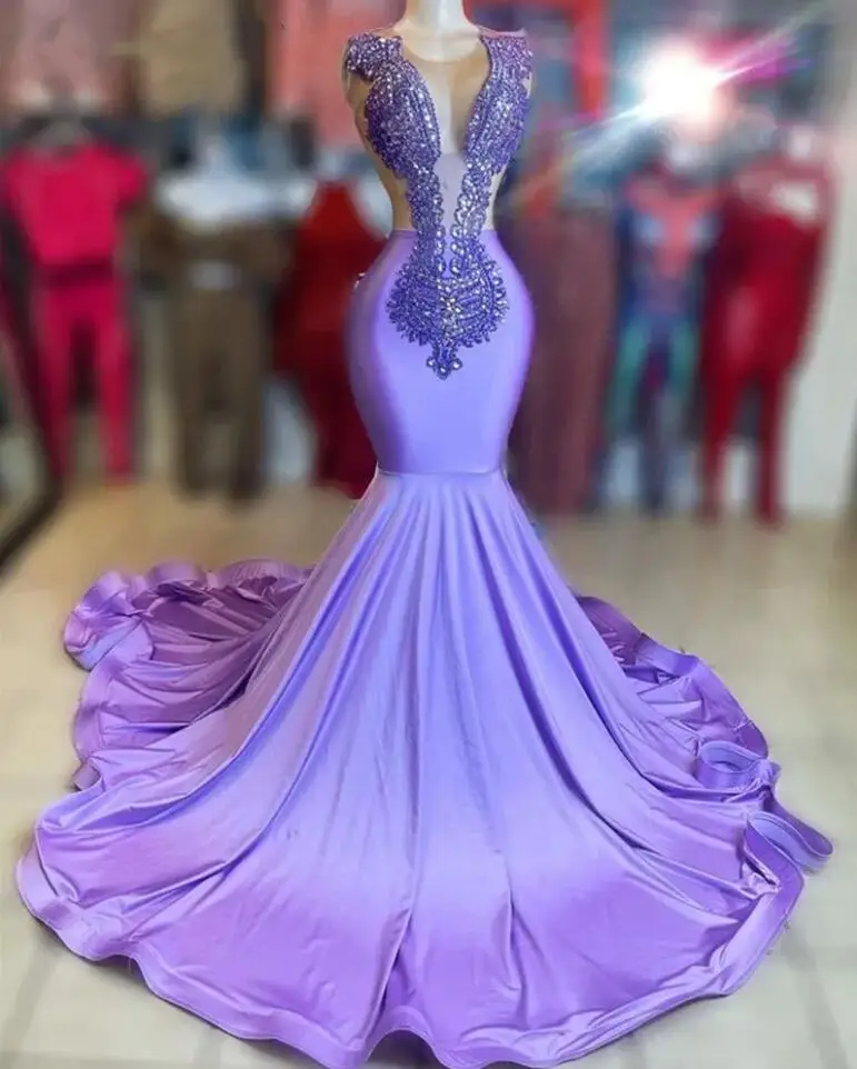 

Lilac Lavender Mermaid Prom Dresses 2023 Crystal Rhinestone Stain Sheer Neck Graduation evening Birthday Gowns Robe De Bal