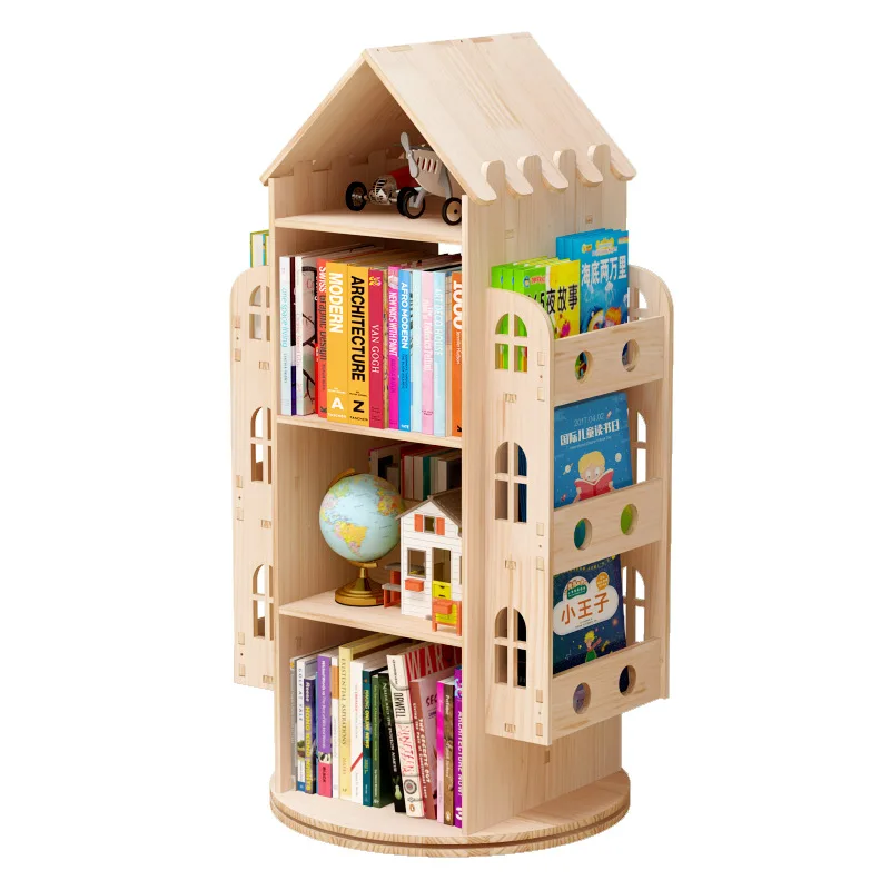 

360 degree solid wood children's rotating bookshelf, ground to ground student picture book shelf, simple multi-layer living room