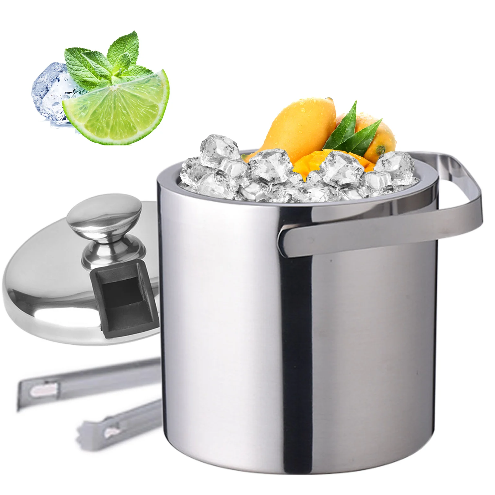 1.3L Double-Wall Insulated Ice Bucket Stainless Steel Ice Cube Beverage Container Silver with Tongs and Lid