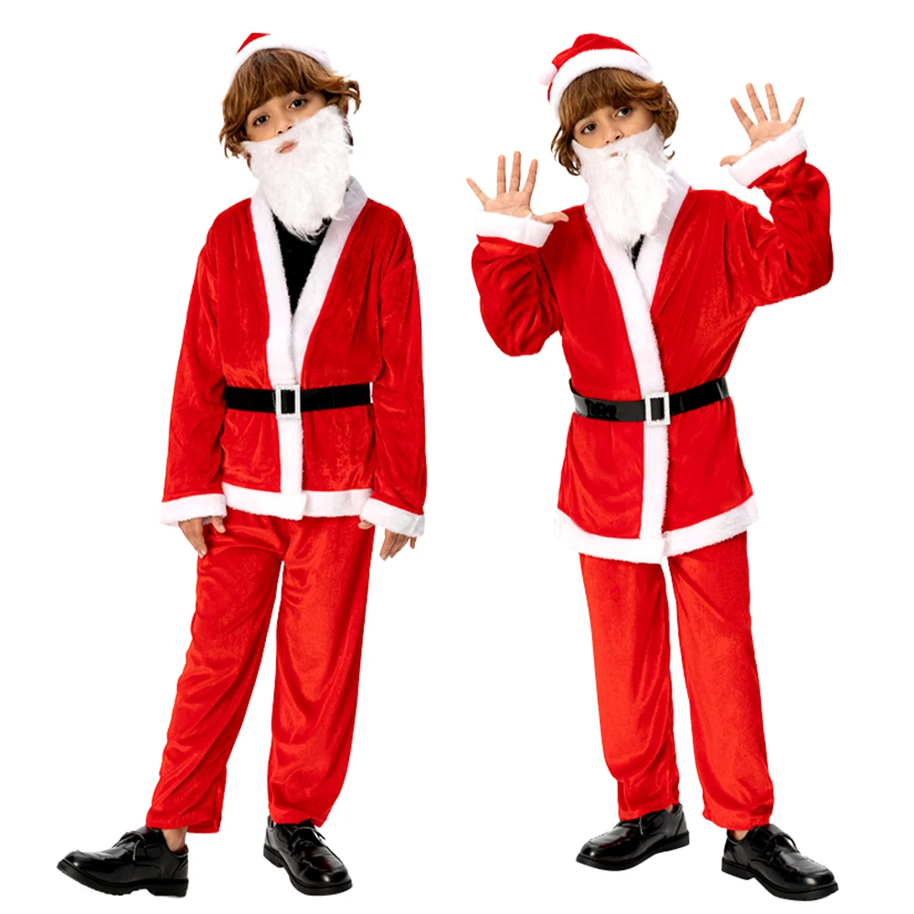 3-11 Years Boys Santa Claus Cosplay Clothes Children Christmas Party Costume with Hat Beard Belt