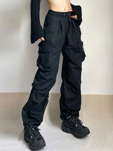 HOUZHOU Harajuku 여성용 오버사이즈 카고 낙하산 바지, 빈티지 Y2k 힙합 와이드 레그 조거, 헐렁한 스웨트 팬츠, 테크웨어 4