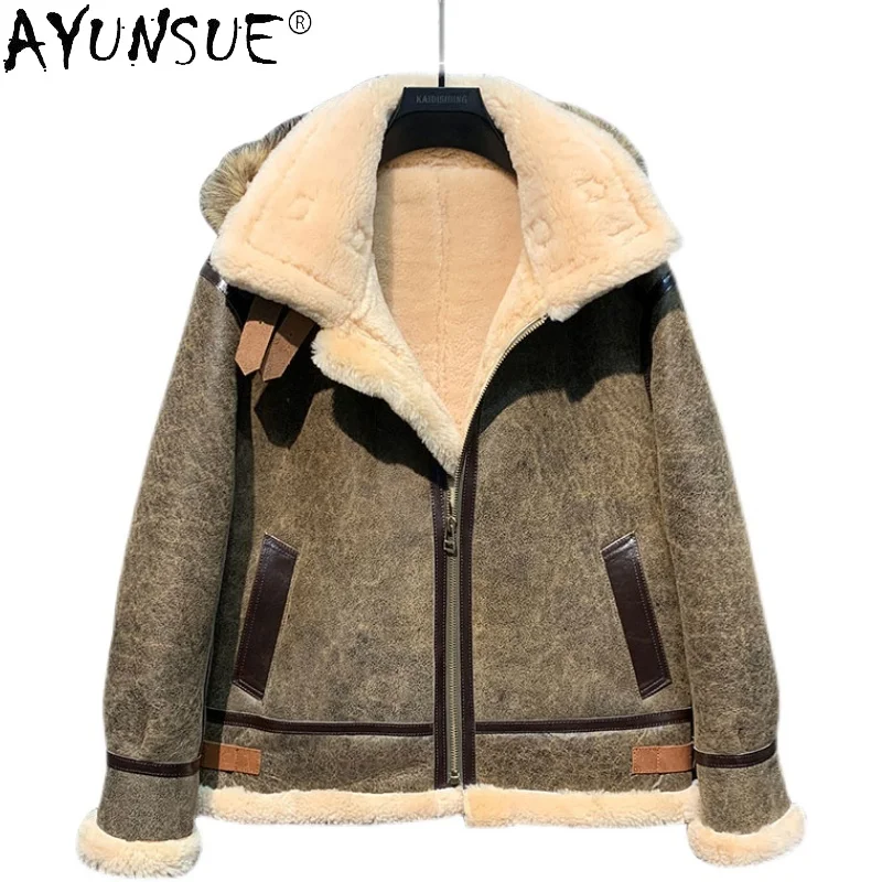 

AYUNSUE Fur Coat Men Vintage Original Sheepskin Fur One-piece Real Leather Jacket Men's Winter Warm Clothes Jaqueta Masculina