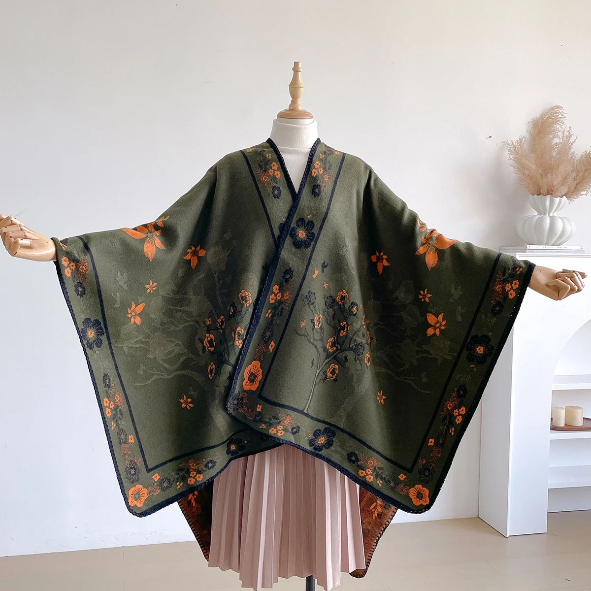Brand Fashion Women's Cashmere Winter Shawl - Vintage Floral Printed Oil Painting Style Pashmina Thick Wrap & Poncho